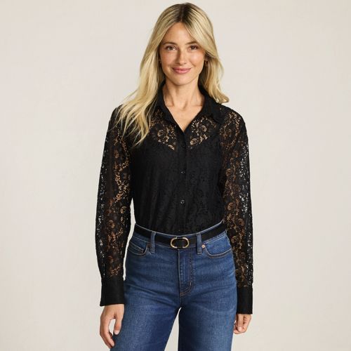 Cotton Rich Lacey Long Sleeve Shirt, Women, size: 20, regular, Black, Cotton/Polyester, by Lands' End