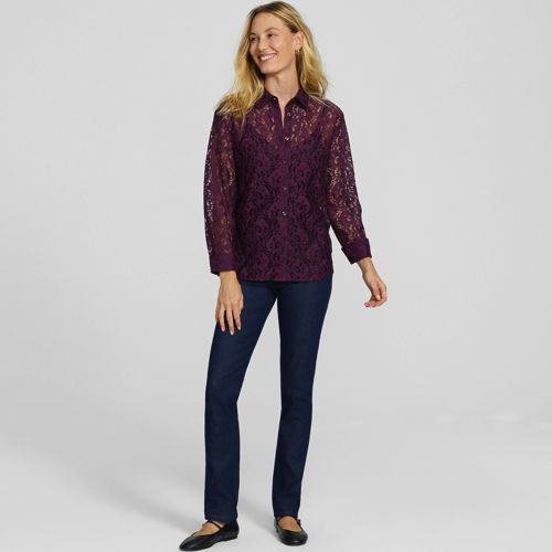 Cotton Rich Lacey Long Sleeve Shirt, Women, size: 20, regular, Red, Cotton/Polyester, by Lands' End