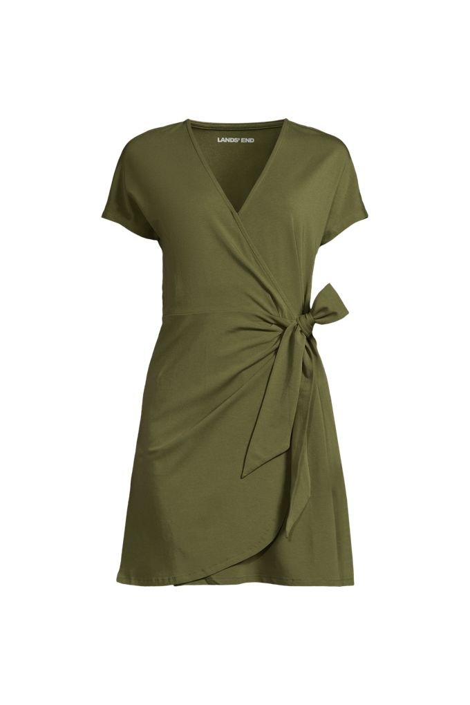 Lands' End Women's Petite Cotton Modal V-neck Mini Wrap Dress In Green