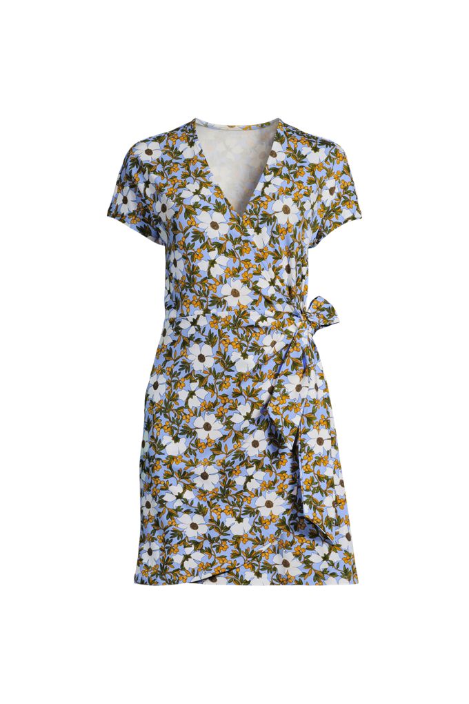 Lands' End Women's Petite Cotton Modal V-neck Mini Wrap Dress In Blue