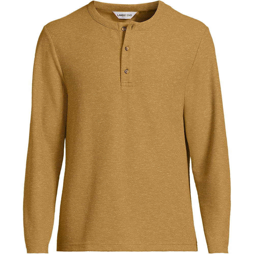 Soft Drape Linen Blend Waffle Knit Henley Top, Men, size: S, regular, Yellow, Linen/Polyester/Poly-blend, by Lands' End