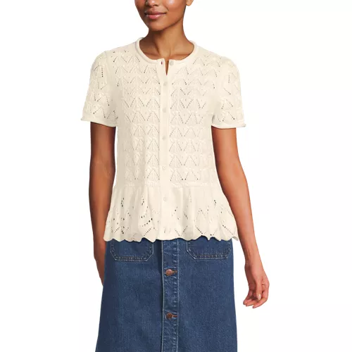 Women's Drifter Pointelle Ruffle Hem Cardigan Sweater, Front