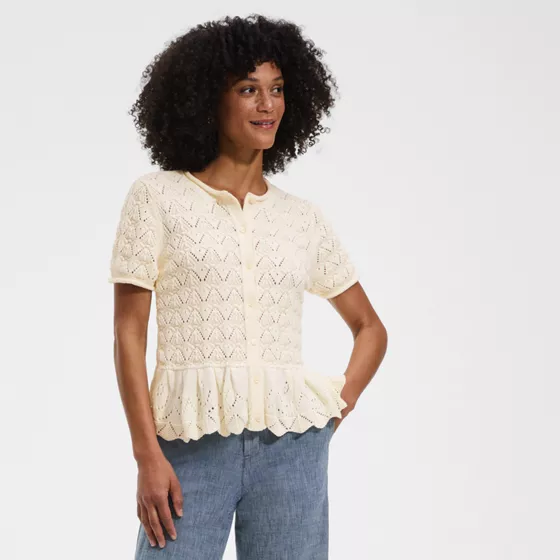 Women's Drifter Pointelle Ruffle Hem Cardigan Sweater - primary