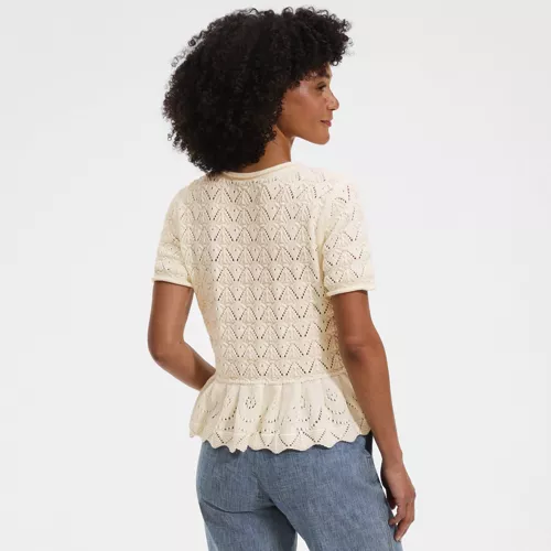 Women's Drifter Pointelle Ruffle Hem Cardigan Sweater, Back