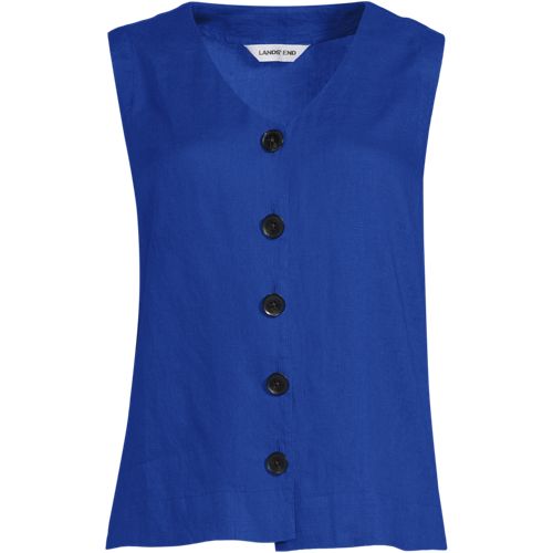 Premium Pure Linen Sleeveless Button Front Top, Women, size: 8, regular, Blue, Linen, by Lands' End
