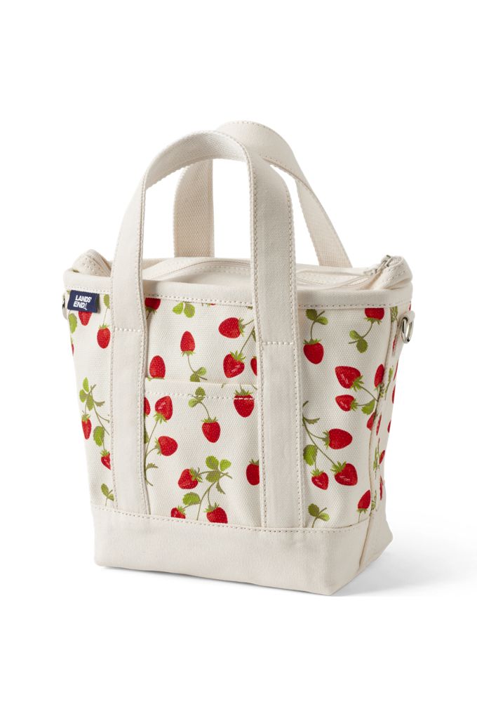 Lands' End Small Print 5 Pocket Zip Top Canvas Tote Bag In White