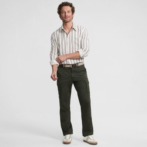 Stretch Cotton Belted Cargo Trousers, Men, size: 36 32, regular, Green, Cotton/Cotton-blend, by Lands' End