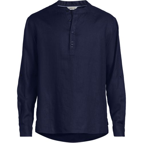 Premium Pure Linen Grandad Collar Shirt, Men, size: S, regular, Blue, Linen, by Lands' End