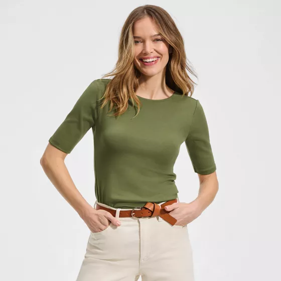 Women's Elbow Sleeve Polished Essentials High Neck Low Back Top - primary
