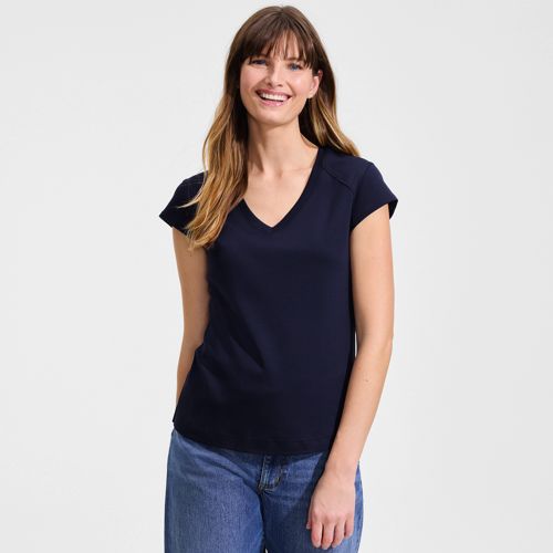  Lands' End Supima-shirt Mit V-ausschnitt Und Kappärmeln, Damen, Größe:32-34 Regular, Blau, Baumwolle, By Lands' End 