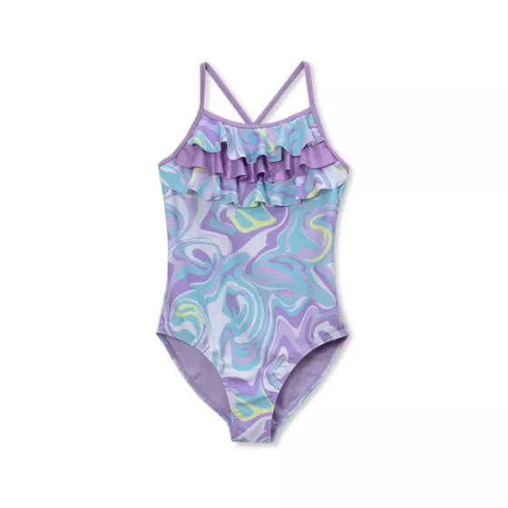 Girls Chlorine Resistant X-Back Ruffle One Piece Swimsuit - primary