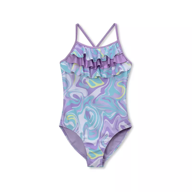 Girls Chlorine Resistant X-Back Ruffle One Piece Swimsuit, alternative image