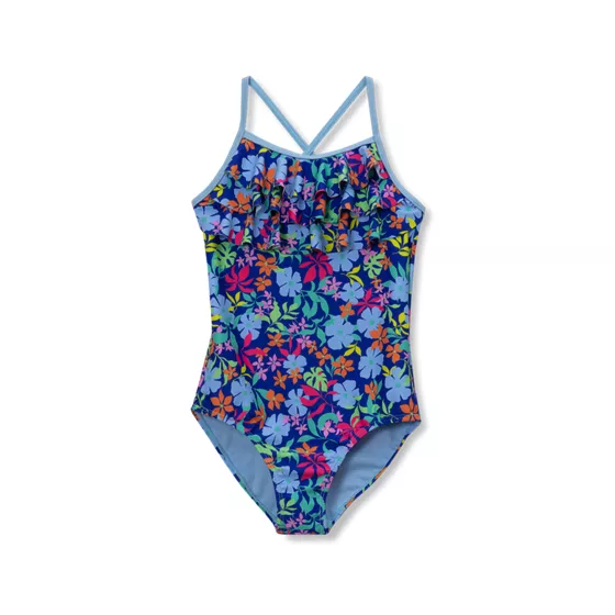 Girls Chlorine Resistant X-Back Ruffle One Piece Swimsuit - primary