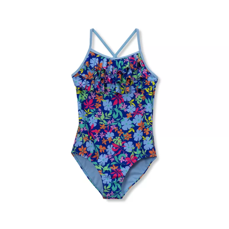 Girls Chlorine Resistant X-Back Ruffle One Piece Swimsuit, alternative image