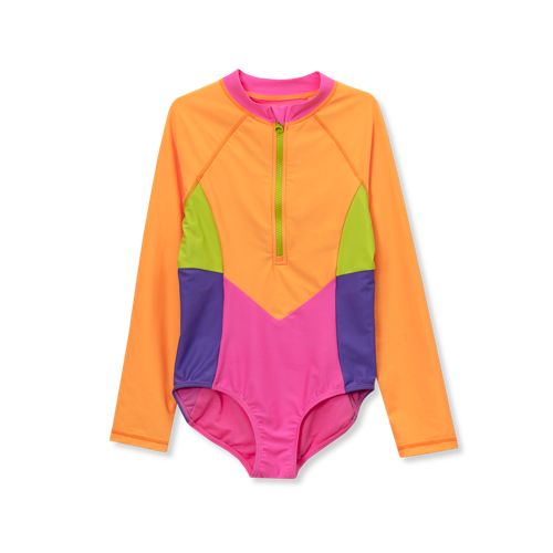 Girls Chlorine Resistant Long Sleeve One Piece Half Zip Swimsuit