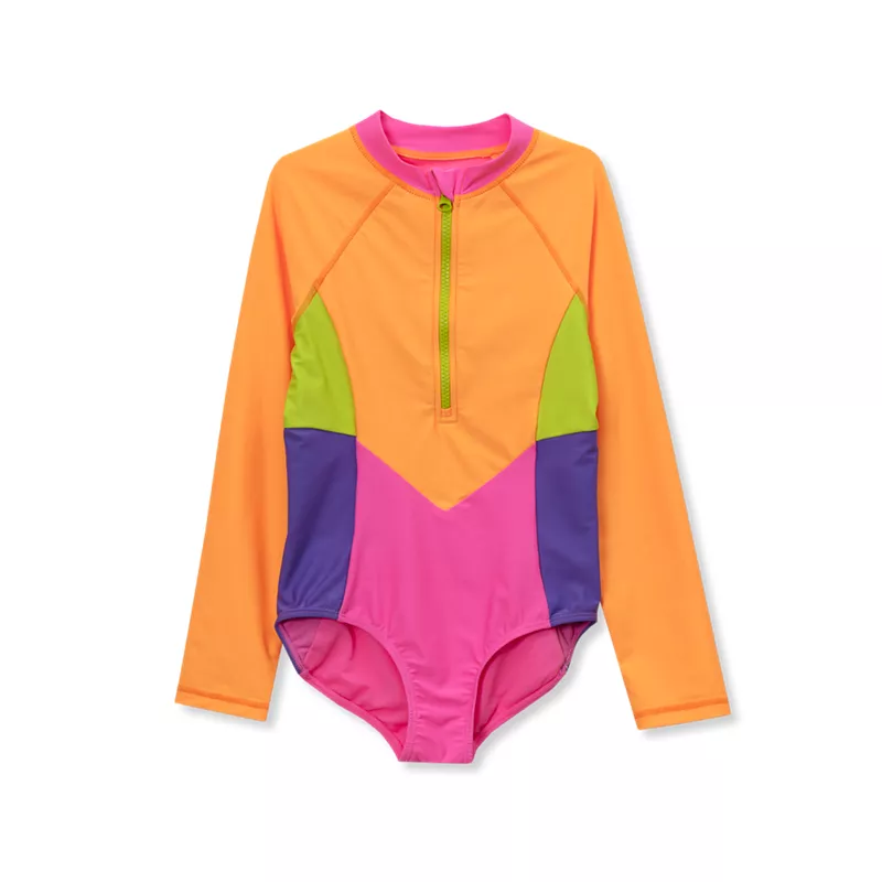 Girls Chlorine Resistant Long Sleeve One Piece Half Zip Swimsuit, alternative image