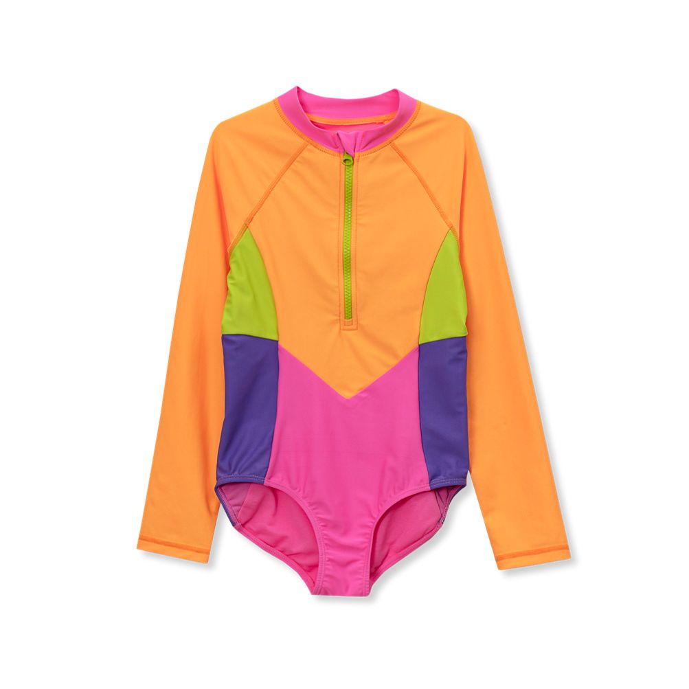 Girls Chlorine Resistant Long Sleeve One Piece Half Zip Swimsuit