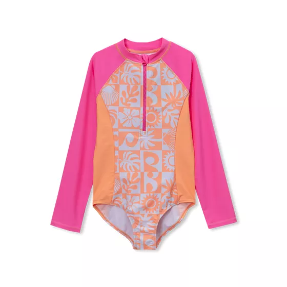 Girls Chlorine Resistant Long Sleeve One Piece Half Zip Swimsuit - primary