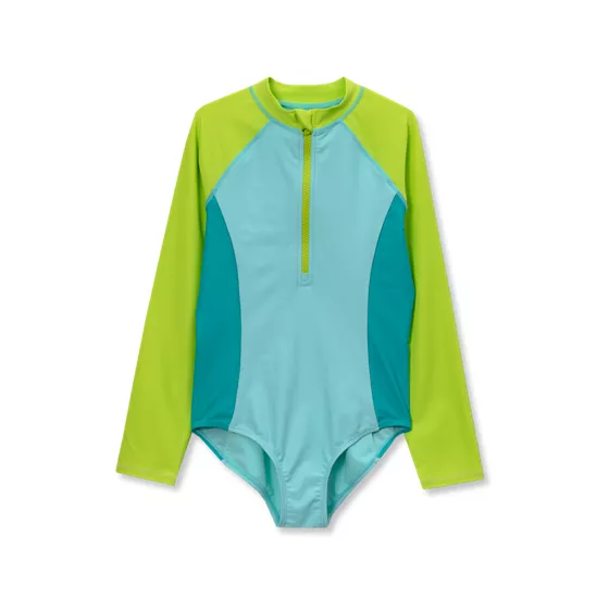 Girls Chlorine Resistant Long Sleeve One Piece Half Zip Swimsuit - primary