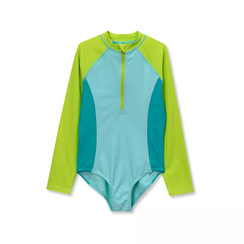 Girls Chlorine Resistant Long Sleeve One Piece Half Zip Swimsuit, alternative image