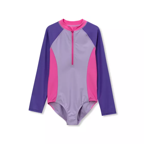 Girls Chlorine Resistant Long Sleeve One Piece Half Zip Swimsuit - primary