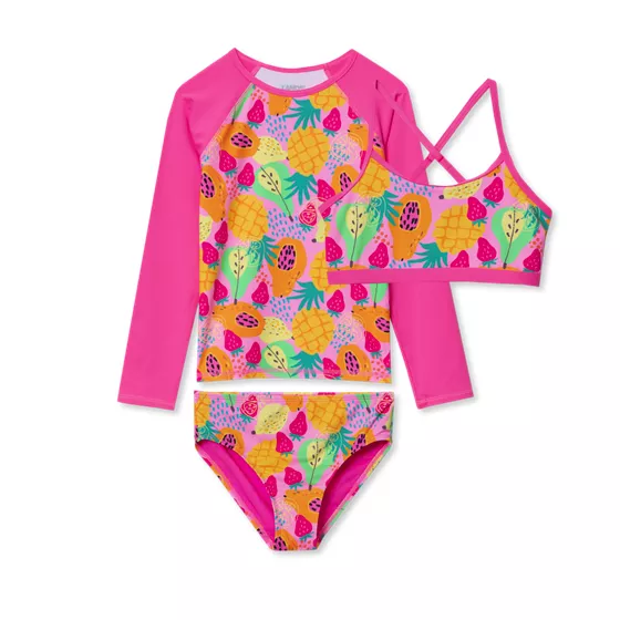 Girls Slim Chlorine Resistant Long Sleeve Rash Guard Bikini 3 Piece Swimsuit Set - primary
