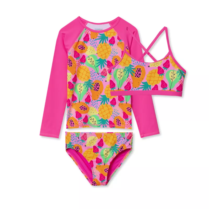 Girls Slim UPF 50 Long Sleeve Rash Guard Bikini 3 Piece Swimsuit Set, alternative image