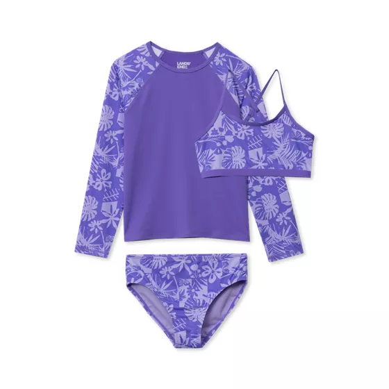 Girls Chlorine Resistant Long Sleeve Rash Guard Bikini 3 Piece Swimsuit Set - primary