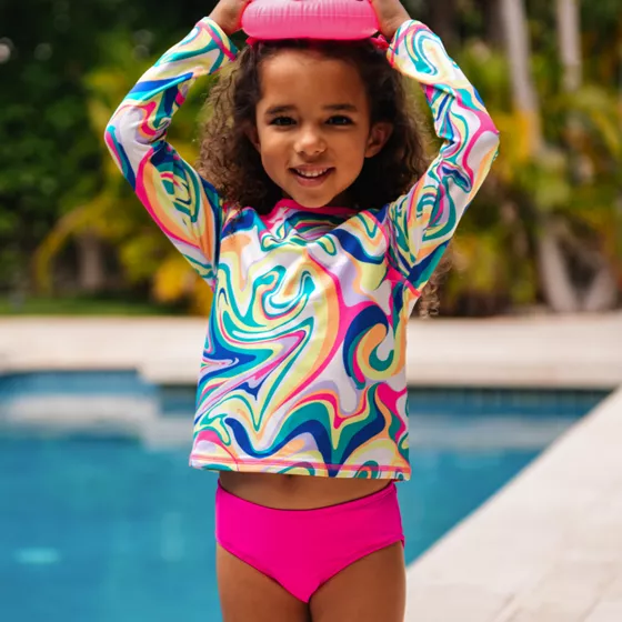 Girls Chlorine Resistant Long Sleeve Rash Guard Bikini 3 Piece Swimsuit Set - primary