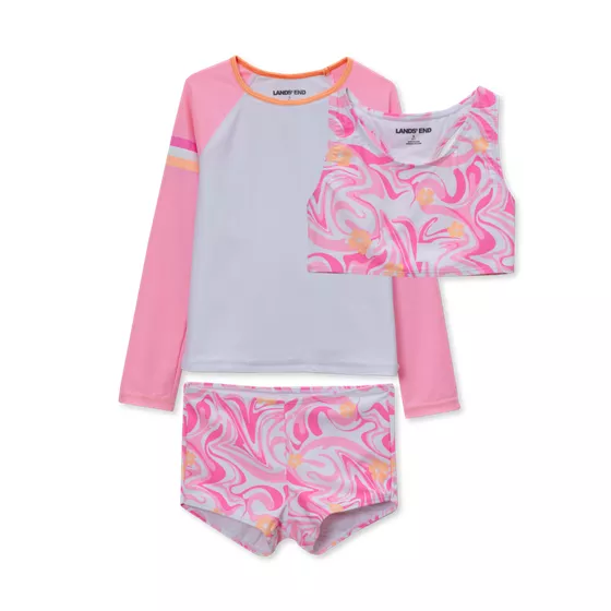 Girls Chlorine Resistant Long Sleeve Rash Guard Boyshort 3 Piece Swimsuit Set - primary