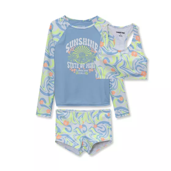 Girls Chlorine Resistant Long Sleeve Rash Guard Boyshort 3 Piece Swimsuit Set - primary