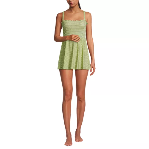Womens Square Neck Smocked Mini Swim Dress, Front