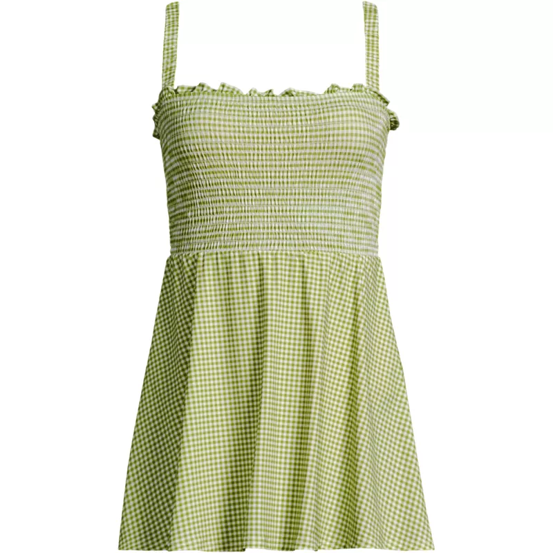 Womens Square Neck Smocked Mini Swim Dress, Front