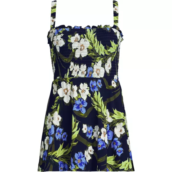 Womens Plus Size Square Neck Smocked Mini Swim Dress - primary