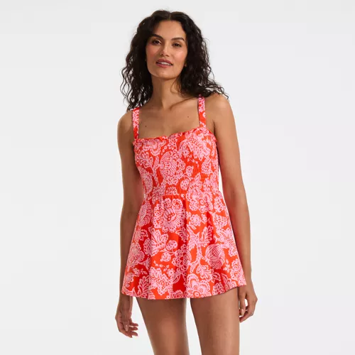 Womens Square Neck Smocked Mini Swim Dress, Front