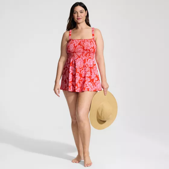 Womens Plus Size Square Neck Smocked Mini Swim Dress - primary
