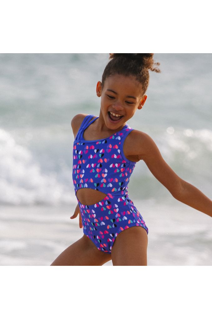 Girls Chlorine Resistant Asymmetrical One Piece Swimsuit - Lands' End - Blue - XXS