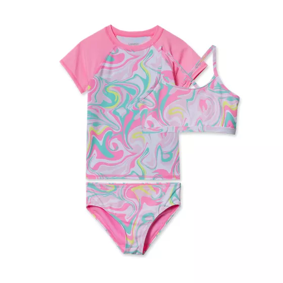 Girls Slim Chlorine Resistant Short Sleeve Rash Guard 3 Piece Swimsuit Set - primary