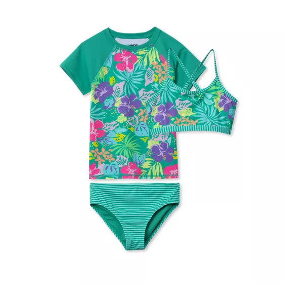Girls Chlorine Resistant Short Sleeve Rash Guard 3 Piece Swimsuit Set - primary
