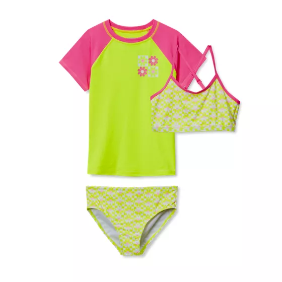 Girls Chlorine Resistant Short Sleeve Rash Guard 3 Piece Swimsuit Set - primary