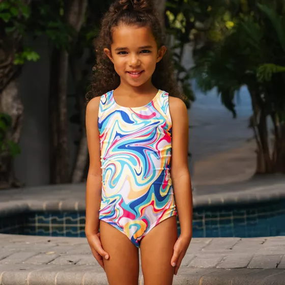 Girls Sporty Hi-Neck Racer Back One Piece Swimsuit - primary