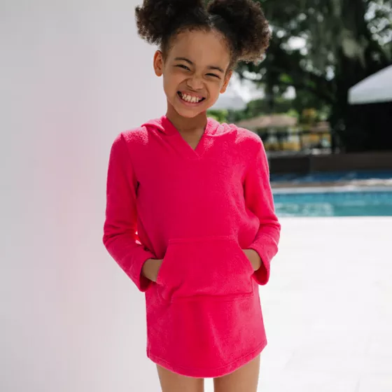 Girls Long Sleeve Hooded Front Pocket Terry Cloth Swimsuit Cover-Up - primary