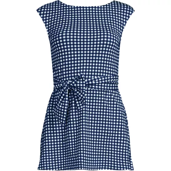 Women's Cap Sleeve Tie Belt Mini Swim Dress - primary