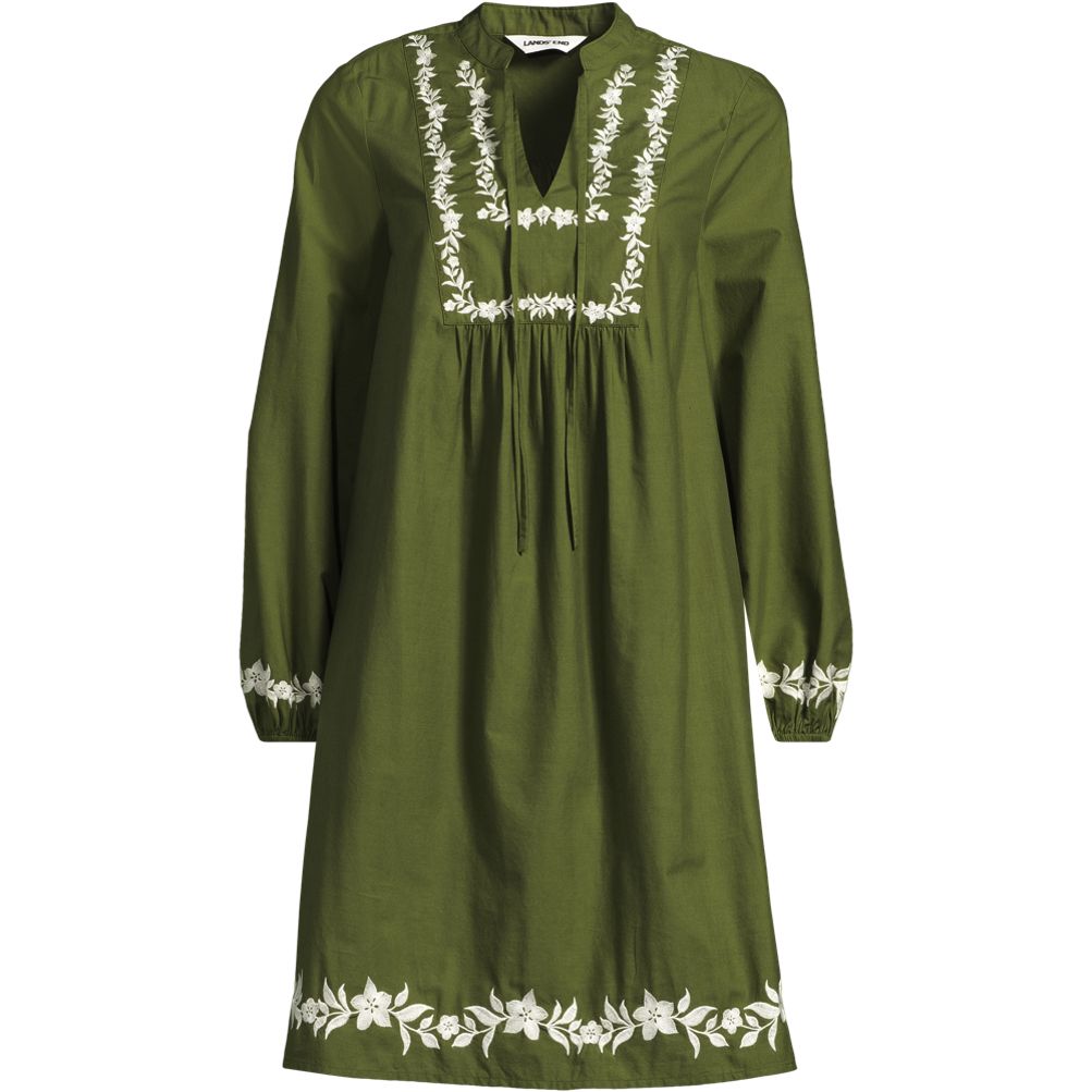lands end embroidered dress Women's Embroidered Above the Knee Tie Neck Dress