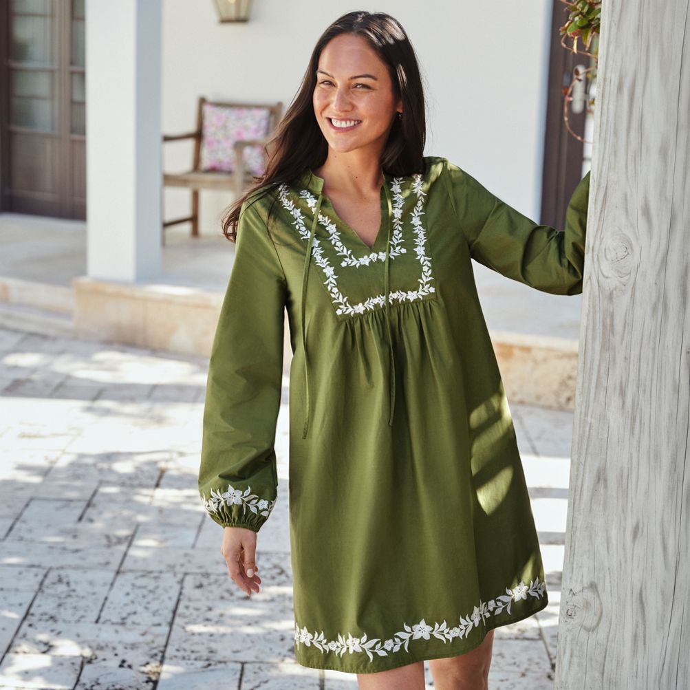 Women's Eyelet Above the Knee Tie Neck Dress | Lands' End