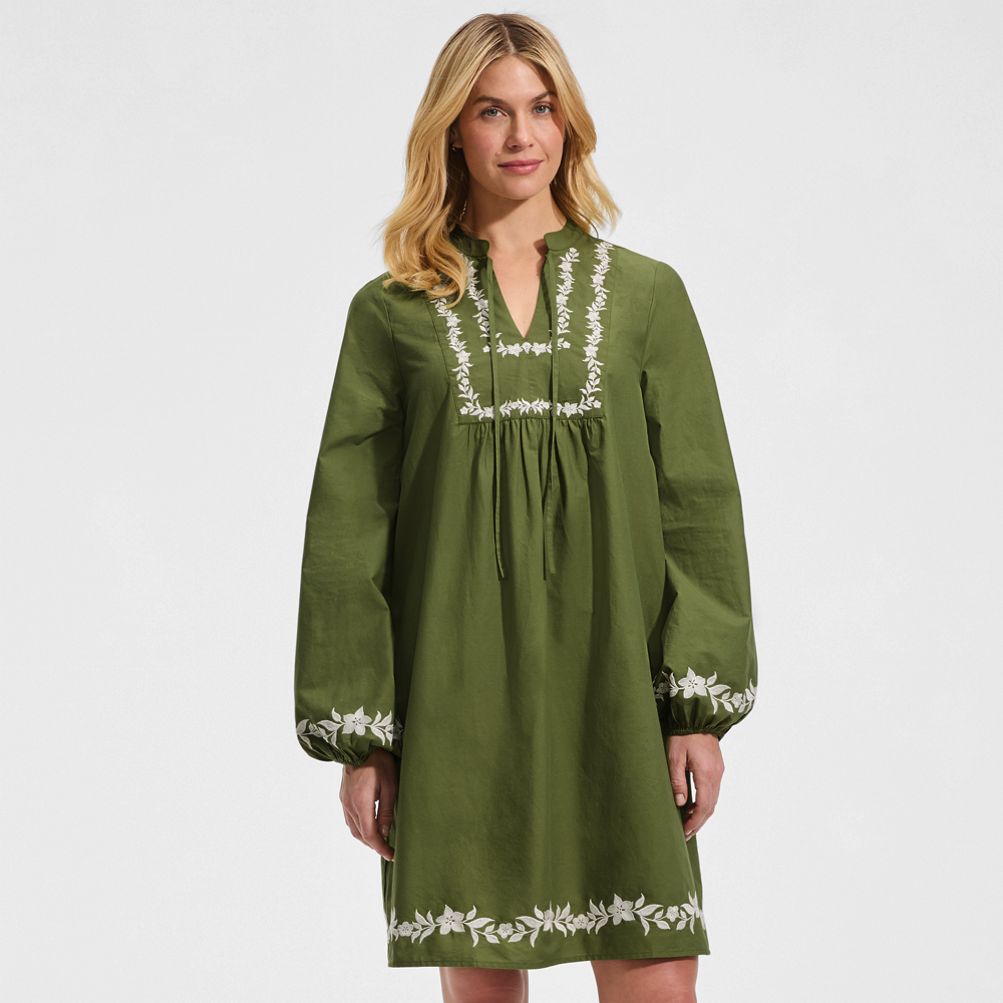 lands end embroidered dress Women's Embroidered Above the Knee Tie Neck Dress