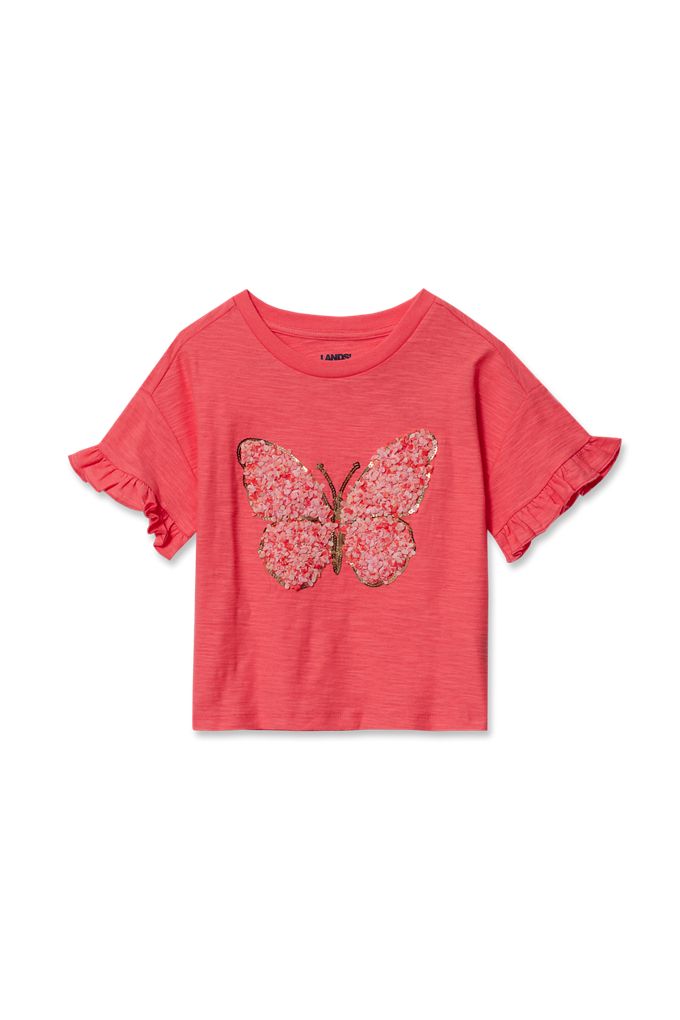 Girls Short Sleeve Ruffle Tee - Lands' End - Pink - XS