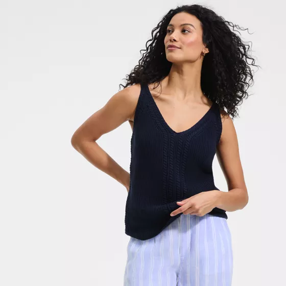 Women's Cotton Cable V-neck Tank Sweater - primary