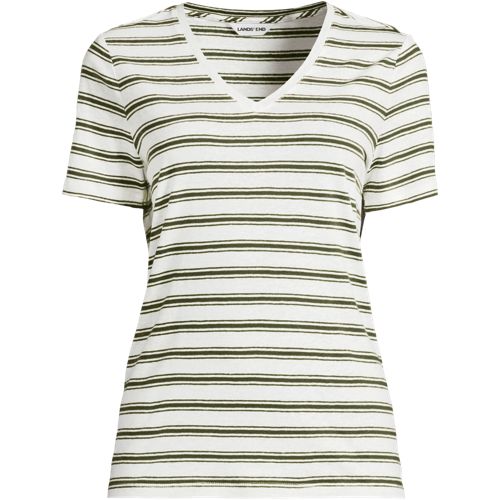 Soft Drape Linen Blend V-Neck T-Shirt, Women, size: 2X, plus, Ivory, Linen/Cotton Modal, by Lands' End