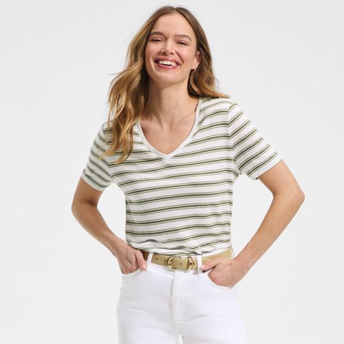 Soft Drape Linen Blend V-Neck T-Shirt, Women, size: S, regular, Ivory, Linen/Cotton Modal, by Lands' End